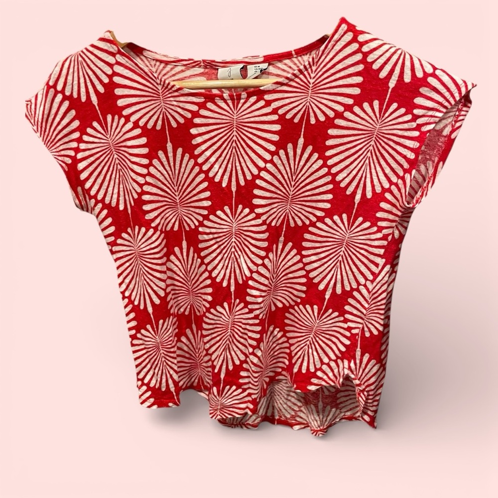 Cute Joie red white fan leaf linen cap sleeve top scoop neck